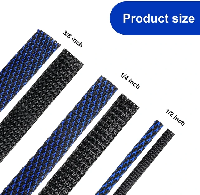 Alt view image 2 of 7 - 96ft Wire Loom Braided Cable 1/2, 1/4, 3/8 Inch,Black and Blue Wire Loom Braided Cable Sleeve Covers, with 127 Heat Shrink for Audio Video Cables, Protects from Pets, Flexible Organizer