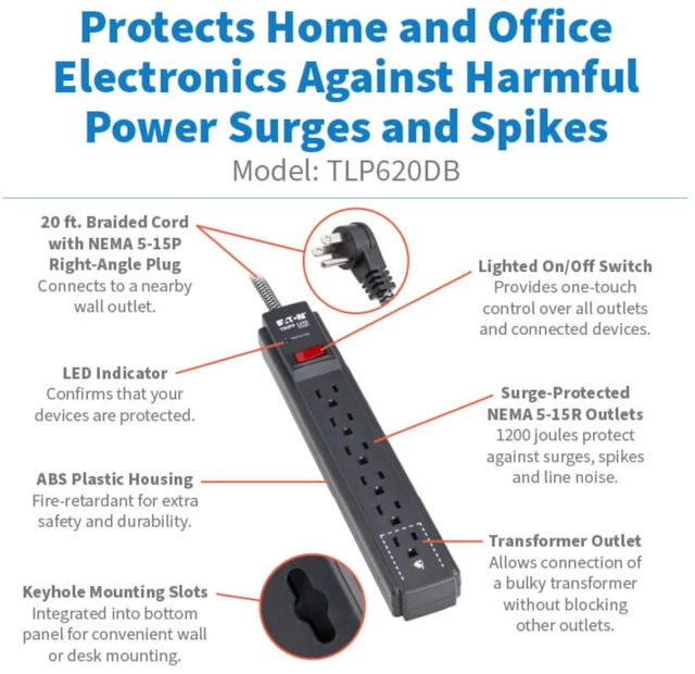 Alt view image 2 of 7 - Eaton TLP620DB 20ft Long Braided Cord Surge Protector 6 Outlets Power Strip, 1200 Joules, EMI/RFI Filtering, Under Desk & Wall Mountable, Manufacturer's & $25,000 Insurance