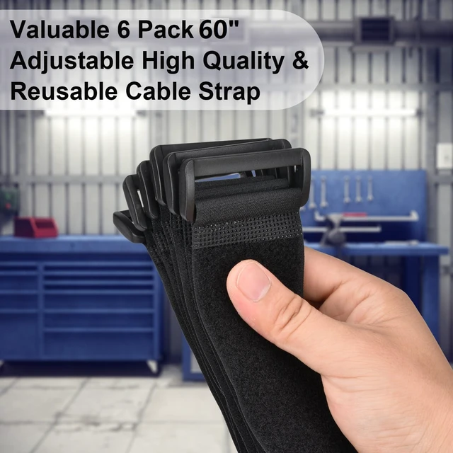 Alt view image 2 of 6 - 2 x 60 Inch Hook and Loop Cable Tie, 6 Pack Adjustable Strap Fastening Adhesive Cinch Strap with Plastic D-ring Buckle, Multi-Purpose Reusable Cord Organizer