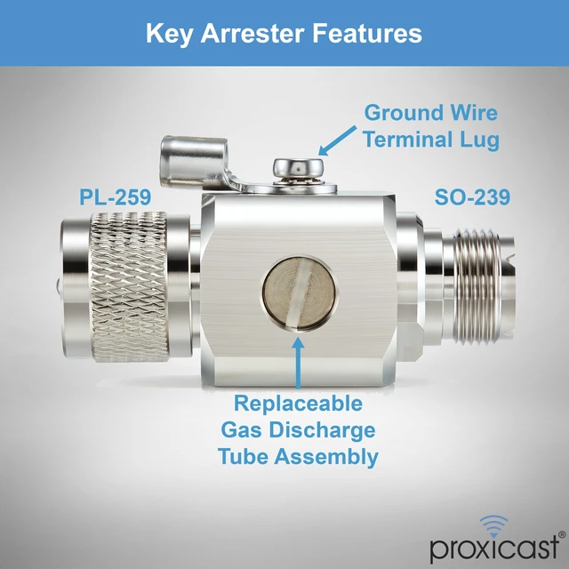 Alt view image 5 of 7 - ProGrade 230V Coaxial Lightning Arrester - UHF PL-259 / SO-239 0 to 3 GHz - Gas Discharge Tube Surge Protecter for RF, HF, VHF, UHF, CB, Ham, Two-Way Radio and Other Antennas - ANT-243-003