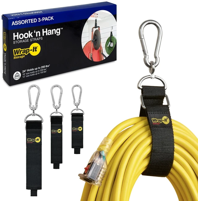 Main image of Hook 'n Hang Straps - Assorted 3-Pack Black Heavy Duty Extension Cord Holder with Hooks for Cord or Garden Hose Storage