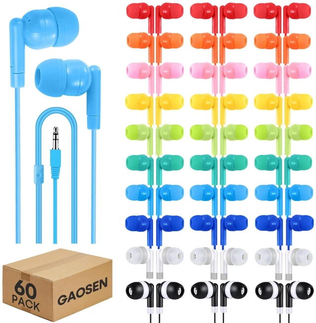 Main image of 60 Pack Wired Earbuds Bulk for Classroom Kids, Wholesale Students Multi Colors Earphones with 3.5mm Jack for Adults School Library Museum Laptop (60 Mixed)