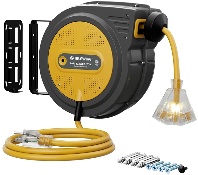 Main image of 80FT Retractable Extension Cord Reel, 12 AWG/3C SJTOW Heavy Duty Power Cord with Lighted Triple Outlet, 15A Circuit Breaker, 180° Swivel Wall/Ceiling Mount Retractable Cord Reel, ETL Listed, Yellow