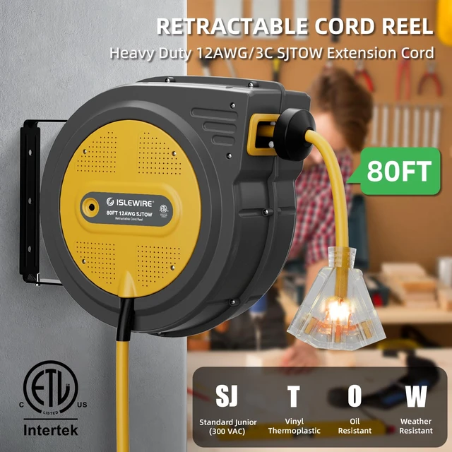 Alt view image 2 of 7 - 80FT Retractable Extension Cord Reel, 12 AWG/3C SJTOW Heavy Duty Power Cord with Lighted Triple Outlet, 15A Circuit Breaker, 180° Swivel Wall/Ceiling Mount Retractable Cord Reel, ETL Listed, Yellow