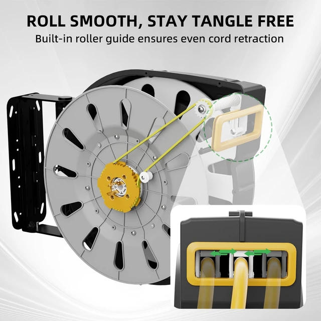Alt view image 4 of 7 - 80FT Retractable Extension Cord Reel, 12 AWG/3C SJTOW Heavy Duty Power Cord with Lighted Triple Outlet, 15A Circuit Breaker, 180° Swivel Wall/Ceiling Mount Retractable Cord Reel, ETL Listed, Yellow
