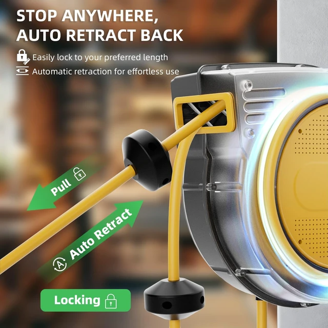 Alt view image 3 of 7 - 80FT Retractable Extension Cord Reel, 12 AWG/3C SJTOW Heavy Duty Power Cord with Lighted Triple Outlet, 15A Circuit Breaker, 180° Swivel Wall/Ceiling Mount Retractable Cord Reel, ETL Listed, Yellow