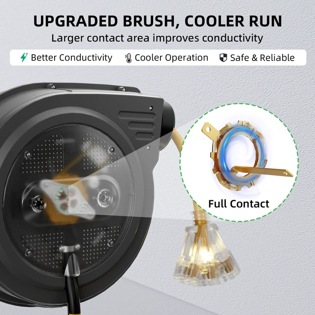 Alt view image 5 of 7 - 80FT Retractable Extension Cord Reel, 12 AWG/3C SJTOW Heavy Duty Power Cord with Lighted Triple Outlet, 15A Circuit Breaker, 180° Swivel Wall/Ceiling Mount Retractable Cord Reel, ETL Listed, Yellow