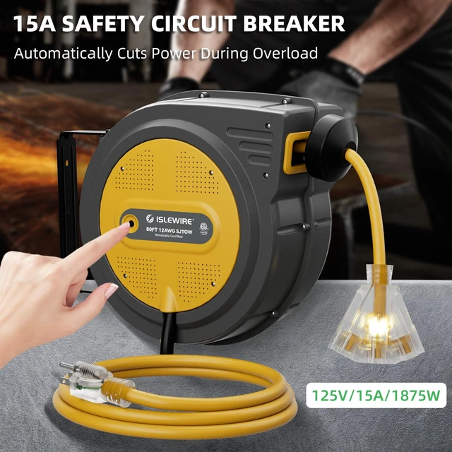 Alt view image 6 of 7 - 80FT Retractable Extension Cord Reel, 12 AWG/3C SJTOW Heavy Duty Power Cord with Lighted Triple Outlet, 15A Circuit Breaker, 180° Swivel Wall/Ceiling Mount Retractable Cord Reel, ETL Listed, Yellow