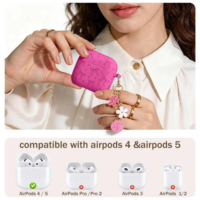Alt view image 2 of 7 - for Airpods 5 Case & Airpods 4 Cute Case Cover with Cleaner Kit Engraved Soft Silicone Protective Case for AirPods 4 & AirPods 5 with Flower Charm Keychain, Carabiner for Girly Women Men