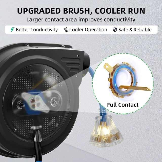Alt view image 5 of 7 - 80FT Retractable Extension Cord Reel, 12 AWG/3C SJTOW Heavy Duty Power Cord with Lighted Triple Outlet, 15A Circuit Breaker, 180° Swivel Wall/Ceiling Mount Retractable Cord Reel, ETL Listed, Blue