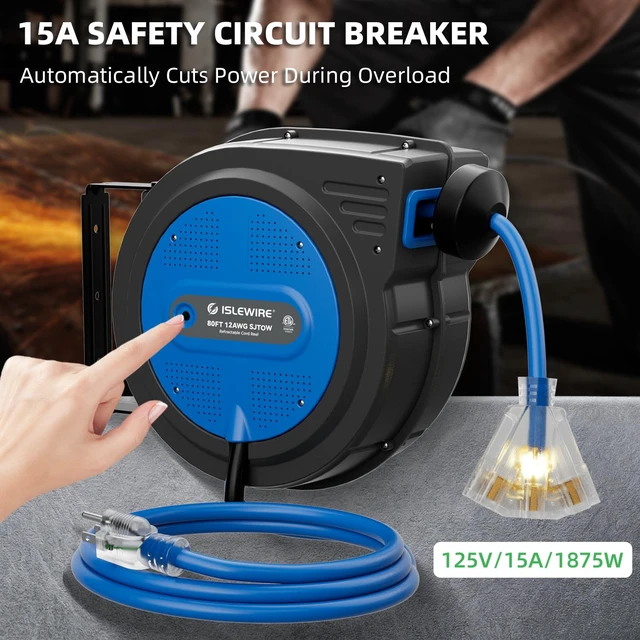 Alt view image 6 of 7 - 80FT Retractable Extension Cord Reel, 12 AWG/3C SJTOW Heavy Duty Power Cord with Lighted Triple Outlet, 15A Circuit Breaker, 180° Swivel Wall/Ceiling Mount Retractable Cord Reel, ETL Listed, Blue