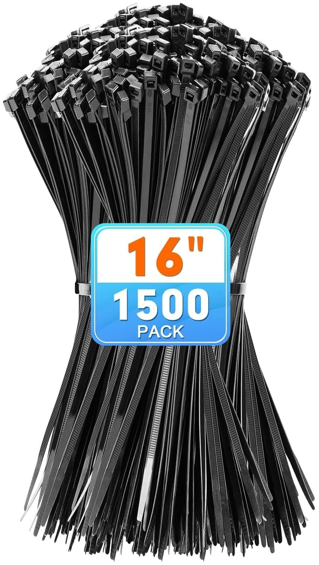 Main image of 16 Inch Black Nylon Zip Ties, 1500 Pack Self-Locking 50lb Tensile UV Resistant Construction, HeavyDuty Performance, Suitable For Both Indoor And Outdoor Securing Applications