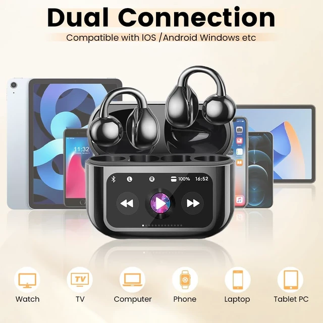 Alt view image 6 of 7 - Clip On Ear Headphones, Open Ear Earbuds Wireless Bluetooth 5.4, Clip On Earbuds with LCD Touchscreen, Lightweight Comfort Open Ear Headphones for Pad Tablet Laptop Android/iOS Phones (Black)