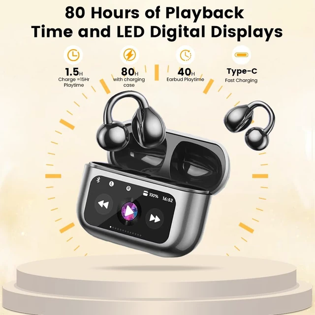 Alt view image 7 of 7 - Clip On Ear Headphones, Open Ear Earbuds Wireless Bluetooth 5.4, Clip On Earbuds with LCD Touchscreen, Lightweight Comfort Open Ear Headphones for Pad Tablet Laptop Android/iOS Phones (Black)