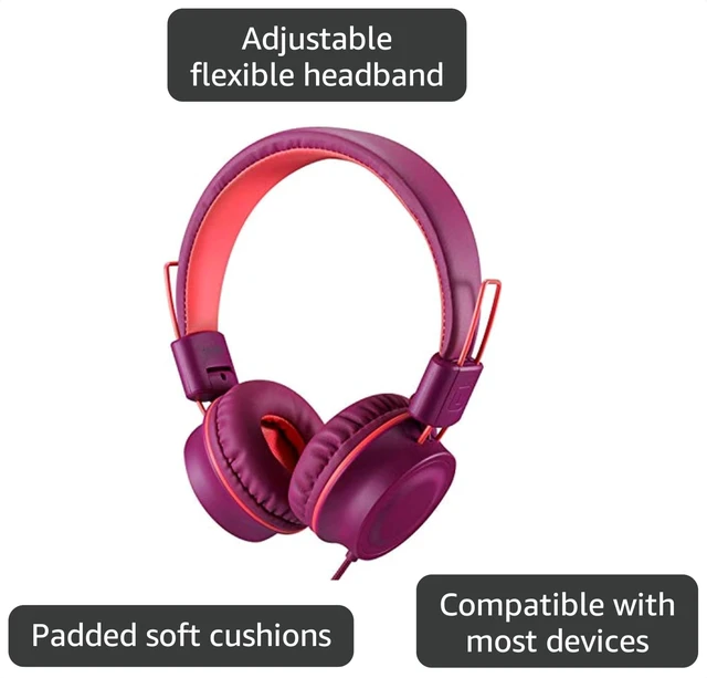 Alt view image 3 of 7 - K33 Kids Headphones Wired 3.5mm Jack, Foldable, Plum Stereo Tangle-Free 5ft Long cord, Plug-in, On-Ear Headset for Children, Boys, Girls, iPad, School, Kindle, Travel, Plane