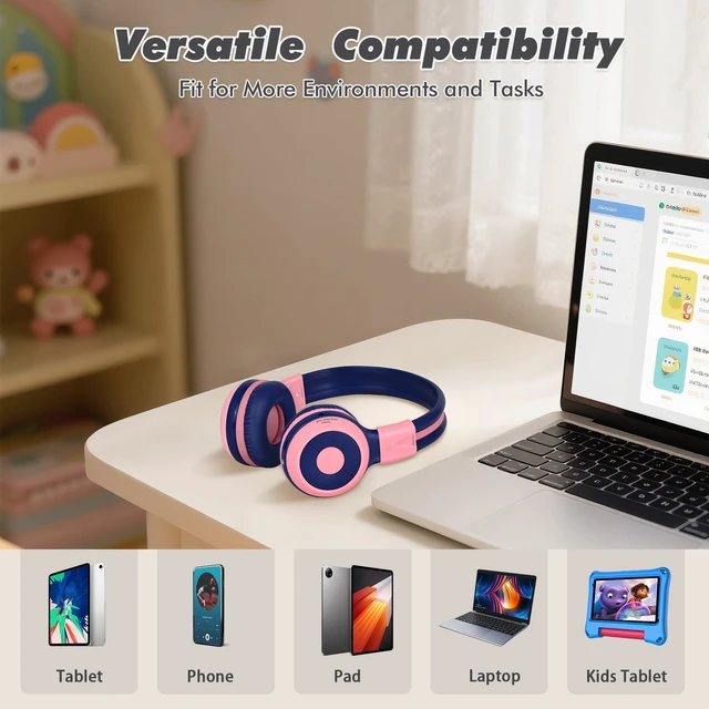 Alt view image 5 of 7 - Kids Wireless Headphones w/Mic for School,75/85/94dB Safe Volume Share Port, Travel Case, AUX Cord, USB C Charging, Bluetooth Headsets for Boys/Girls/Children/iPad/Tablet/Airplane/Travel