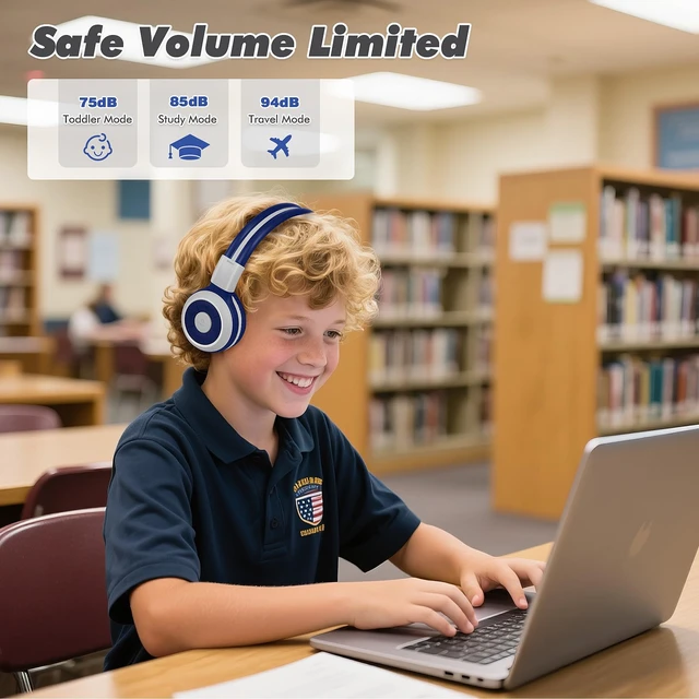 Alt view image 3 of 7 - Kids Bluetooth Headphones with Microphone, 75/85/94dB Volume Limit Wireless Headset for Toddler Teens Children, Share Port, Travel Case, 3.5mm Cord, Foldable for School Airplane iPad Tablet
