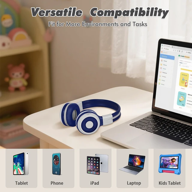 Alt view image 5 of 7 - Kids Bluetooth Headphones with Microphone, 75/85/94dB Volume Limit Wireless Headset for Toddler Teens Children, Share Port, Travel Case, 3.5mm Cord, Foldable for School Airplane iPad Tablet