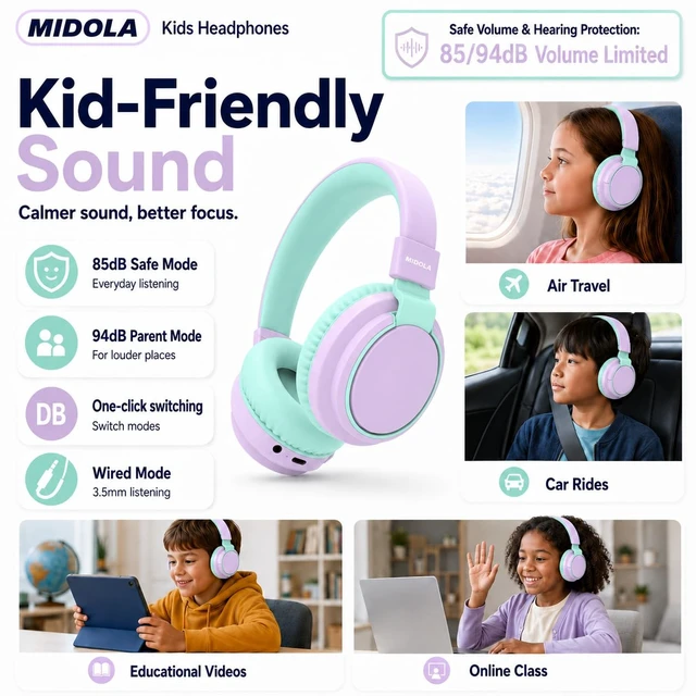 Alt view image 3 of 7 - Kids Bluetooth Headphones Wireless Over-Ear,68Hrs,Volume Limit 85/94dB PP Built-in Mic,Adjustable Headband Foldable Lightweight for Toddler School Girls Boys,Stereo Sound,Wired by Aux 3.5mm Purple