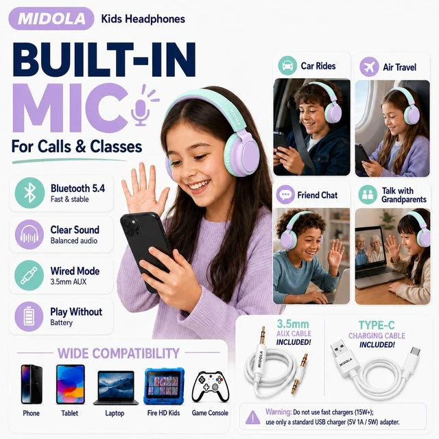 Alt view image 5 of 7 - Kids Bluetooth Headphones Wireless Over-Ear,68Hrs,Volume Limit 85/94dB PP Built-in Mic,Adjustable Headband Foldable Lightweight for Toddler School Girls Boys,Stereo Sound,Wired by Aux 3.5mm Purple