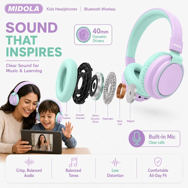 Alt view image 7 of 7 - Kids Bluetooth Headphones Wireless Over-Ear,68Hrs,Volume Limit 85/94dB PP Built-in Mic,Adjustable Headband Foldable Lightweight for Toddler School Girls Boys,Stereo Sound,Wired by Aux 3.5mm Purple