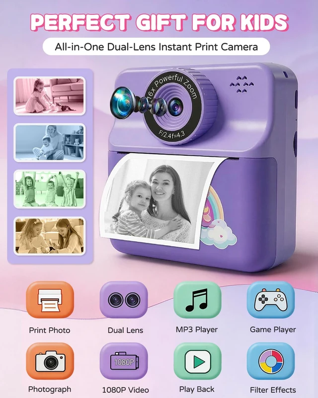 Alt view image 2 of 7 - Kids Camera Instant Print with Carrying Case, Digital Selfie Camera with 6 Rolls Print Paper, 5 Monochrome Colors, 32GB SD Card, Portable Toddler Camera for Girls 3-12, Christmas Birthday Gift