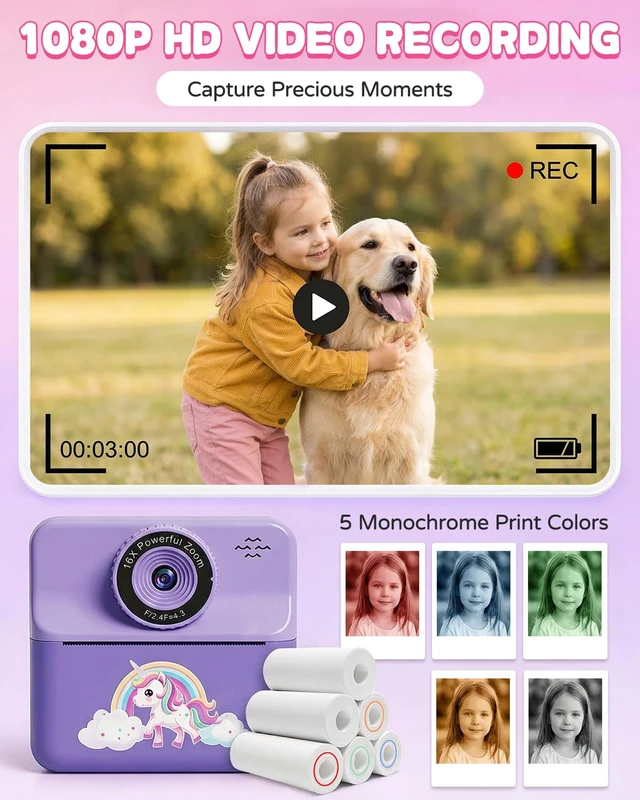 Alt view image 4 of 7 - Kids Camera Instant Print with Carrying Case, Digital Selfie Camera with 6 Rolls Print Paper, 5 Monochrome Colors, 32GB SD Card, Portable Toddler Camera for Girls 3-12, Christmas Birthday Gift