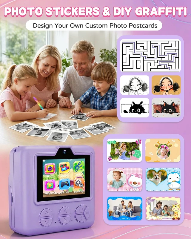 Alt view image 3 of 7 - Kids Camera Instant Print with Carrying Case, Digital Selfie Camera with 6 Rolls Print Paper, 5 Monochrome Colors, 32GB SD Card, Portable Toddler Camera for Girls 3-12, Christmas Birthday Gift