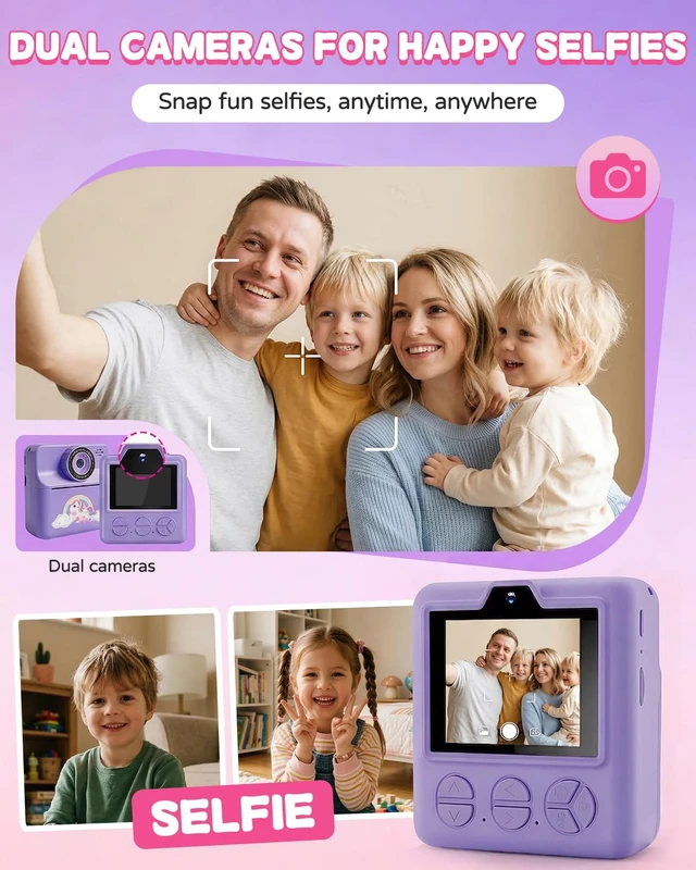 Alt view image 5 of 7 - Kids Camera Instant Print with Carrying Case, Digital Selfie Camera with 6 Rolls Print Paper, 5 Monochrome Colors, 32GB SD Card, Portable Toddler Camera for Girls 3-12, Christmas Birthday Gift