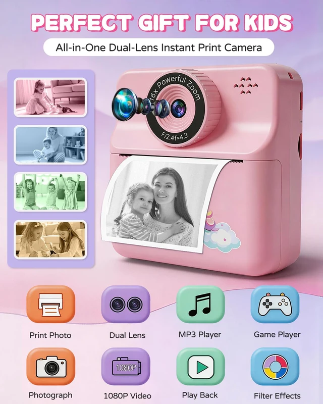 Alt view image 2 of 7 - Kids Camera Instant Print with Carrying Case, Digital Selfie Camera with 6 Rolls Print Paper, 5 Monochrome Colors, 32GB SD Card, Portable Toddler Camera for Girls 3-12, Christmas Birthday Gift