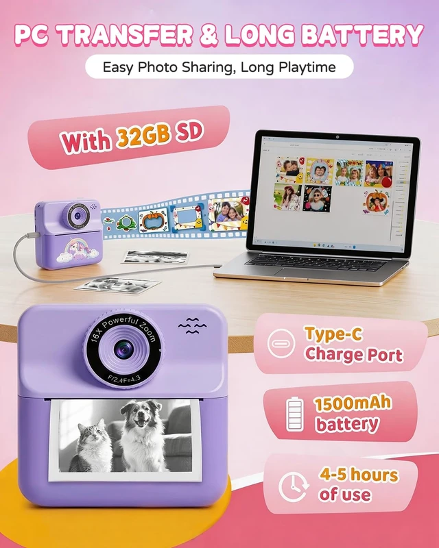 Alt view image 7 of 7 - Kids Camera Instant Print with Carrying Case, Digital Selfie Camera with 6 Rolls Print Paper, 5 Monochrome Colors, 32GB SD Card, Portable Toddler Camera for Girls 3-12, Christmas Birthday Gift