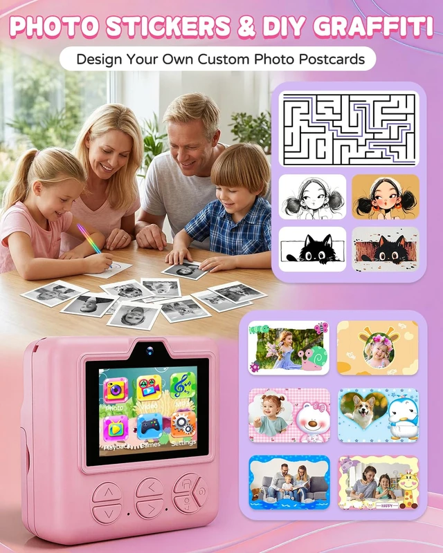 Alt view image 3 of 7 - Kids Camera Instant Print with Carrying Case, Digital Selfie Camera with 6 Rolls Print Paper, 5 Monochrome Colors, 32GB SD Card, Portable Toddler Camera for Girls 3-12, Christmas Birthday Gift