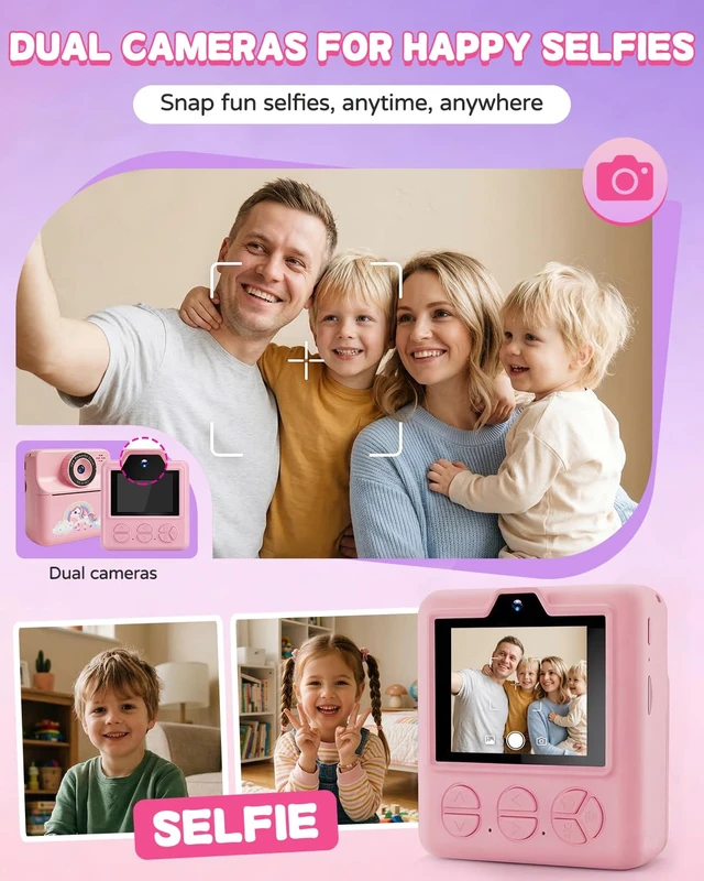 Alt view image 5 of 7 - Kids Camera Instant Print with Carrying Case, Digital Selfie Camera with 6 Rolls Print Paper, 5 Monochrome Colors, 32GB SD Card, Portable Toddler Camera for Girls 3-12, Christmas Birthday Gift