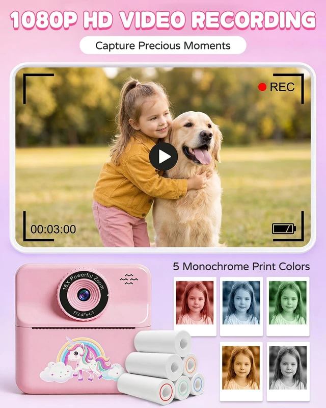 Alt view image 4 of 7 - Kids Camera Instant Print with Carrying Case, Digital Selfie Camera with 6 Rolls Print Paper, 5 Monochrome Colors, 32GB SD Card, Portable Toddler Camera for Girls 3-12, Christmas Birthday Gift