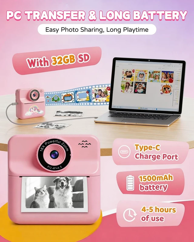 Alt view image 7 of 7 - Kids Camera Instant Print with Carrying Case, Digital Selfie Camera with 6 Rolls Print Paper, 5 Monochrome Colors, 32GB SD Card, Portable Toddler Camera for Girls 3-12, Christmas Birthday Gift