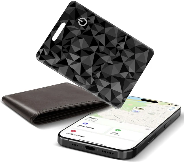 Main image of Wallet Tracker Card for Apple Find My (iOS Only), Ultra-Thin Bluetooth Tracker Smart Card Wallet Finder, IP68 Waterproof Slim Item Locator for Wallets, Keys, Passport & Luggage Tags ((Faceted Black)