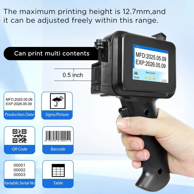 Alt view image 2 of 7 - Handheld Inkjet Printer with 42ml Quick-Drying Ink Cartridge, 0.5 Inch Nozzle Ink Jet Coding Machine for EXP Date/Batch Number/QR Code/Barcode/Logo/Text (ZM-C12mini) (Black)