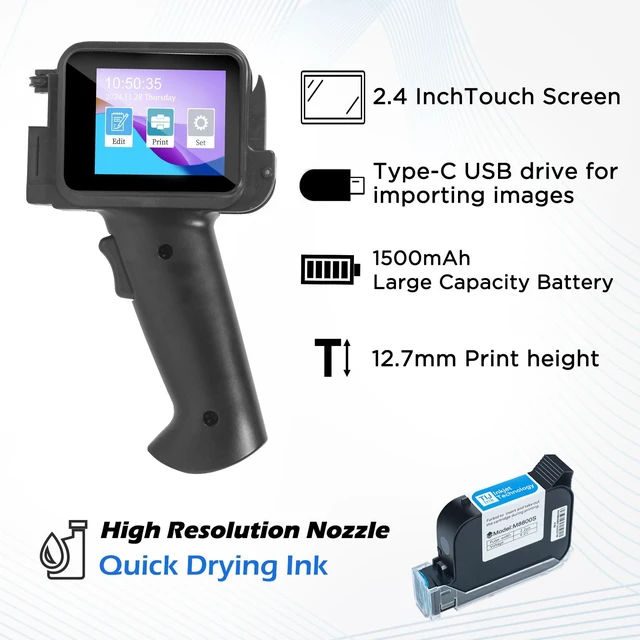 Alt view image 5 of 7 - Handheld Inkjet Printer with 42ml Quick-Drying Ink Cartridge, 0.5 Inch Nozzle Ink Jet Coding Machine for EXP Date/Batch Number/QR Code/Barcode/Logo/Text (ZM-C12mini) (Black)