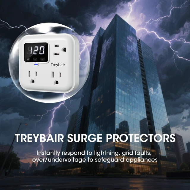 Alt view image 2 of 7 - Appliance Surge Protector Voltage Stabilizer Fireproof UL94V-1 Wall Mount Surge Protectors Outlet for Refrigerator, TV & Heavy, Real-Time Monitoring & Custom Voltage 80V-140V (Pro)