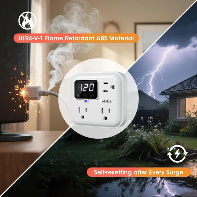 Alt view image 4 of 7 - Appliance Surge Protector Voltage Stabilizer Fireproof UL94V-1 Wall Mount Surge Protectors Outlet for Refrigerator, TV & Heavy, Real-Time Monitoring & Custom Voltage 80V-140V (Pro)