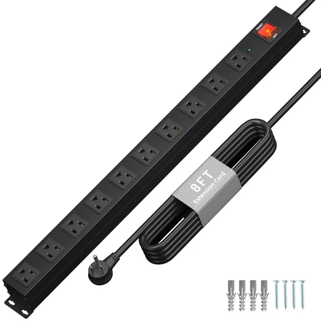 Main image of 10 Outlet Heavy Duty Power Strip with Surge Protector 2100J,15A/1875W Wall Mount Design, 8FT Extension Cord & Safety Switch for Home Office, Workshop, Gaming Setup, Studio - Black