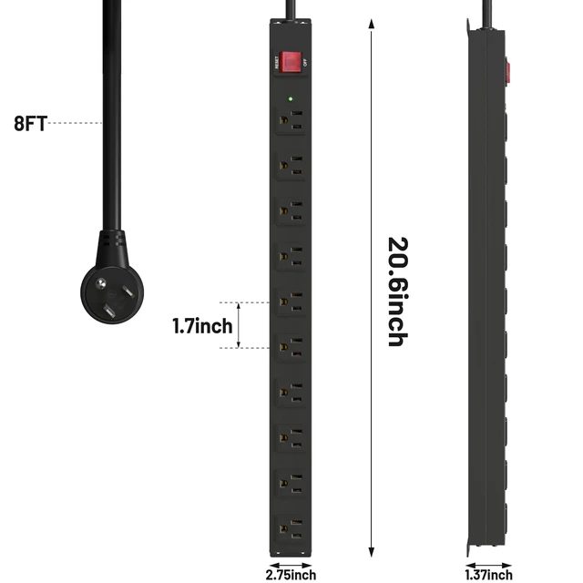 Alt view image 5 of 7 - 10 Outlet Heavy Duty Power Strip with Surge Protector 2100J,15A/1875W Wall Mount Design, 8FT Extension Cord & Safety Switch for Home Office, Workshop, Gaming Setup, Studio - Black
