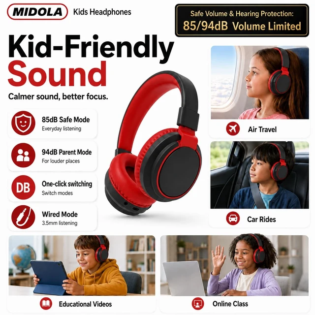 Alt view image 3 of 7 - Kids Bluetooth Headphones Wireless Over-Ear,68Hrs,Volume Limit 85/94dB BK Built-in Mic,Adjustable Headband Foldable Lightweight for Toddler School Girls Boys,Stereo Sound,Wired by Aux 3.5mm Black