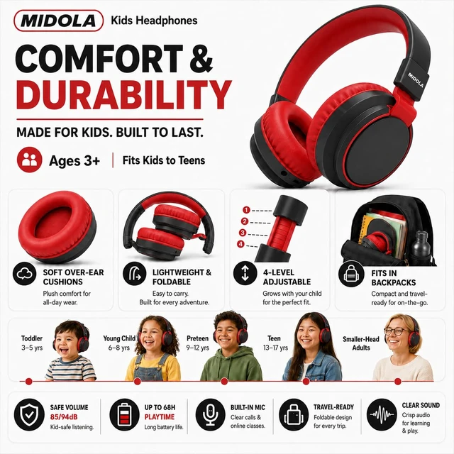 Alt view image 4 of 7 - Kids Bluetooth Headphones Wireless Over-Ear,68Hrs,Volume Limit 85/94dB BK Built-in Mic,Adjustable Headband Foldable Lightweight for Toddler School Girls Boys,Stereo Sound,Wired by Aux 3.5mm Black
