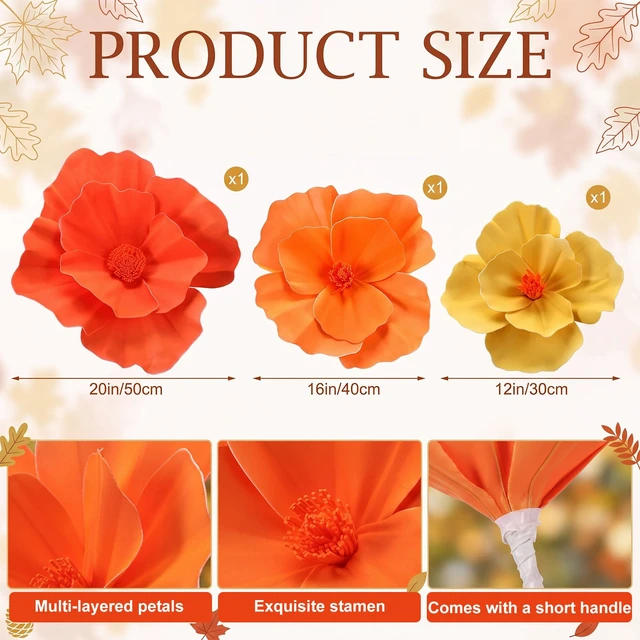 Alt view image 2 of 6 - 3 Pcs Fall Giant Artificial Flower Large 12 16 20" Paper Flower Decor Large Paper Flower Decoration for Fall Wedding Backdrop, Large Artificial Flower for Autumn Thanksgiving Party Decorations