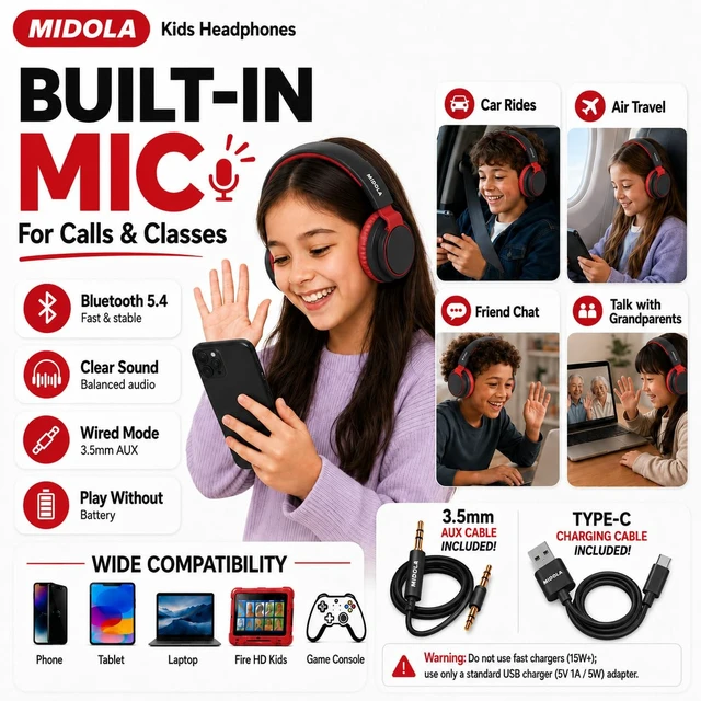 Alt view image 5 of 7 - Kids Bluetooth Headphones Wireless Over-Ear,68Hrs,Volume Limit 85/94dB BK Built-in Mic,Adjustable Headband Foldable Lightweight for Toddler School Girls Boys,Stereo Sound,Wired by Aux 3.5mm Black