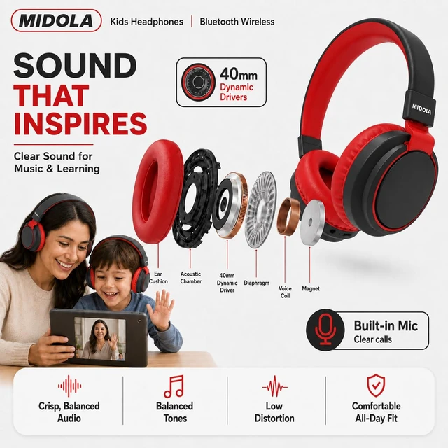Alt view image 7 of 7 - Kids Bluetooth Headphones Wireless Over-Ear,68Hrs,Volume Limit 85/94dB BK Built-in Mic,Adjustable Headband Foldable Lightweight for Toddler School Girls Boys,Stereo Sound,Wired by Aux 3.5mm Black
