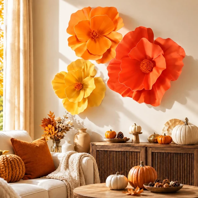 Alt view image 5 of 6 - 3 Pcs Fall Giant Artificial Flower Large 12 16 20" Paper Flower Decor Large Paper Flower Decoration for Fall Wedding Backdrop, Large Artificial Flower for Autumn Thanksgiving Party Decorations