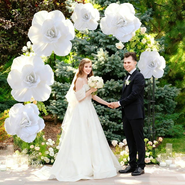 Alt view image 5 of 6 - 3 Pcs Wedding White Flowers, Giant Big Flowers for Decorations Layered Petals Backdrop, Reusable Foam, Home Anniversary Birthday Valentine Decor, Three Sizes Dimensional Display
