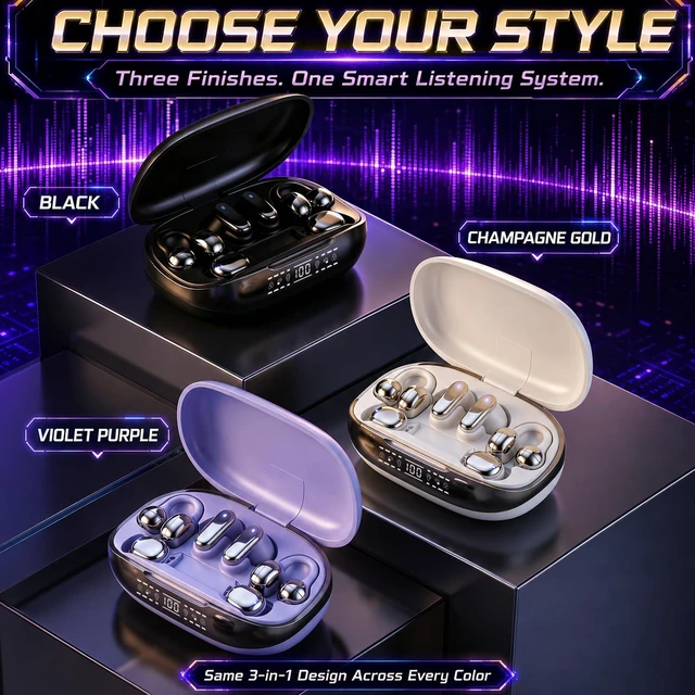 Alt view image 2 of 7 - 6in1 Bluetooth Wireless Earbuds, Interchangeable Clipon, InEar & Sleep Earphones with Rechargeable Charging Case, APP EQ Control, LED Digital Display, Low Latency Headphones for Sports and Travel